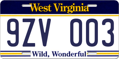 WV license plate 9ZV003