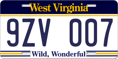 WV license plate 9ZV007