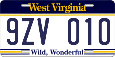 WV license plate 9ZV010