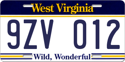WV license plate 9ZV012