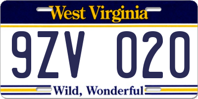 WV license plate 9ZV020