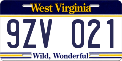 WV license plate 9ZV021