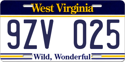 WV license plate 9ZV025