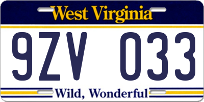 WV license plate 9ZV033