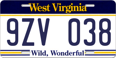 WV license plate 9ZV038