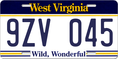 WV license plate 9ZV045