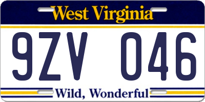 WV license plate 9ZV046
