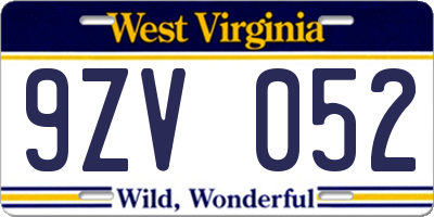 WV license plate 9ZV052