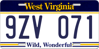 WV license plate 9ZV071