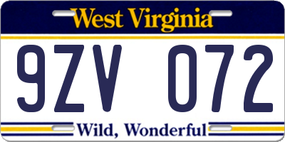 WV license plate 9ZV072