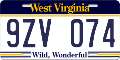WV license plate 9ZV074