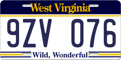 WV license plate 9ZV076