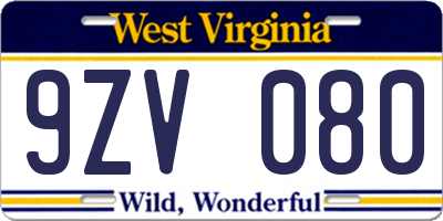WV license plate 9ZV080