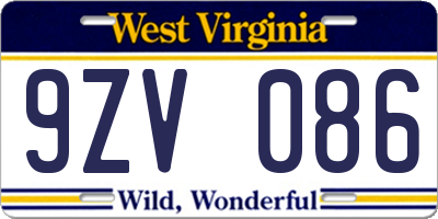 WV license plate 9ZV086