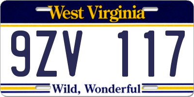 WV license plate 9ZV117