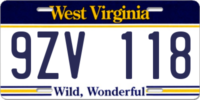 WV license plate 9ZV118
