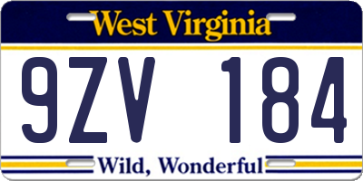 WV license plate 9ZV184