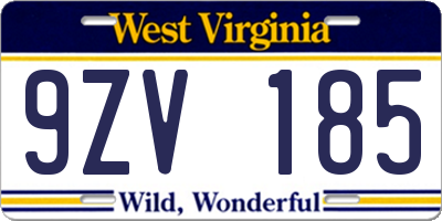 WV license plate 9ZV185