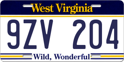 WV license plate 9ZV204