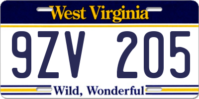 WV license plate 9ZV205