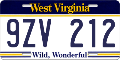 WV license plate 9ZV212