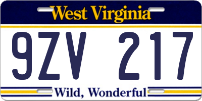 WV license plate 9ZV217