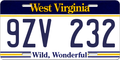 WV license plate 9ZV232