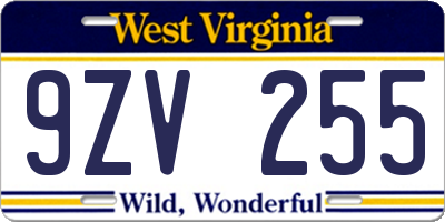 WV license plate 9ZV255