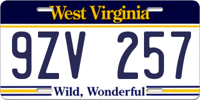 WV license plate 9ZV257
