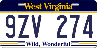 WV license plate 9ZV274