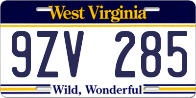 WV license plate 9ZV285