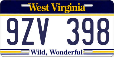 WV license plate 9ZV398
