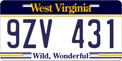 WV license plate 9ZV431