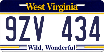WV license plate 9ZV434