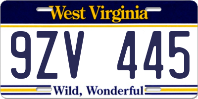 WV license plate 9ZV445