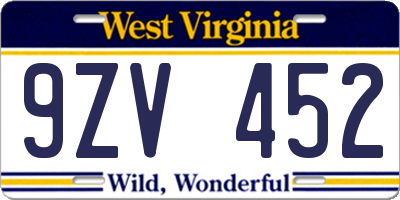 WV license plate 9ZV452
