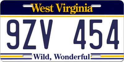 WV license plate 9ZV454