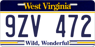 WV license plate 9ZV472