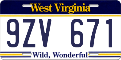 WV license plate 9ZV671