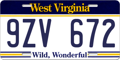 WV license plate 9ZV672