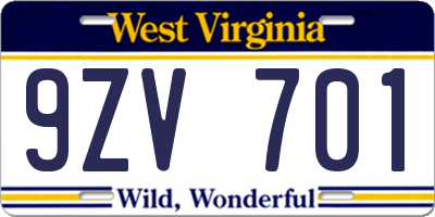 WV license plate 9ZV701