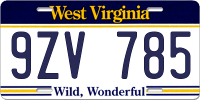 WV license plate 9ZV785