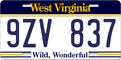WV license plate 9ZV837