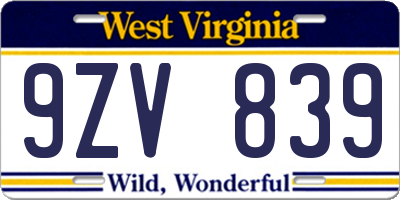 WV license plate 9ZV839
