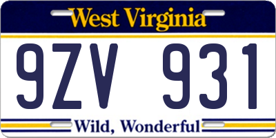 WV license plate 9ZV931