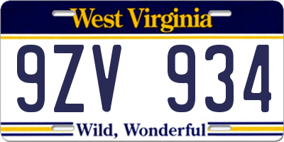 WV license plate 9ZV934