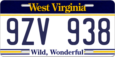 WV license plate 9ZV938
