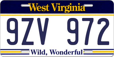 WV license plate 9ZV972