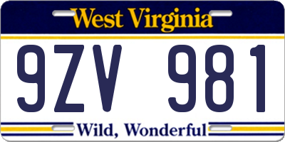 WV license plate 9ZV981