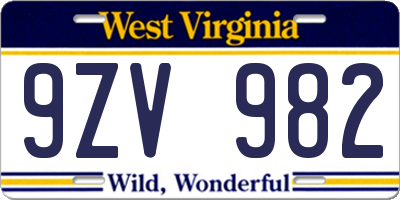 WV license plate 9ZV982